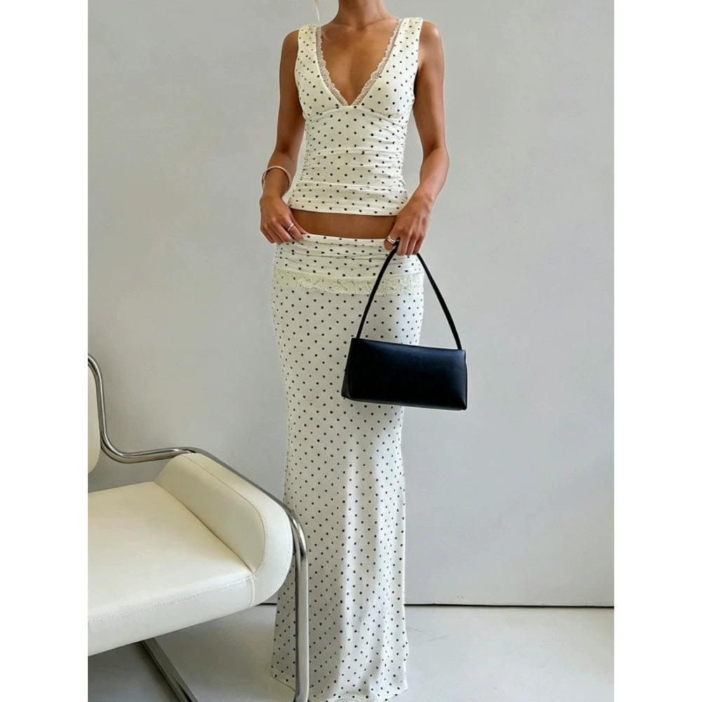Zara Summer Vacation Style V-Neck Sleeveless Polka Dot Fitted Top Long Skirt Set